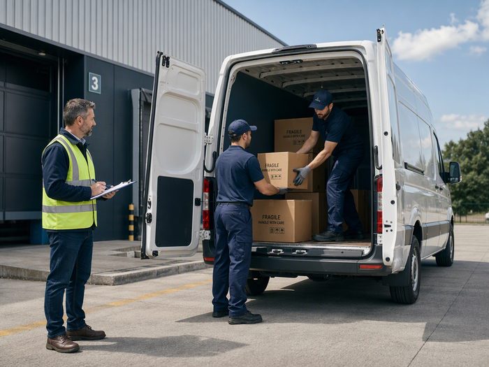 Supervisor checking boxes as goods are loaded for delivery to a client