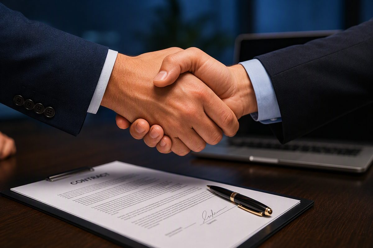Handshake over a signed purchasing contract