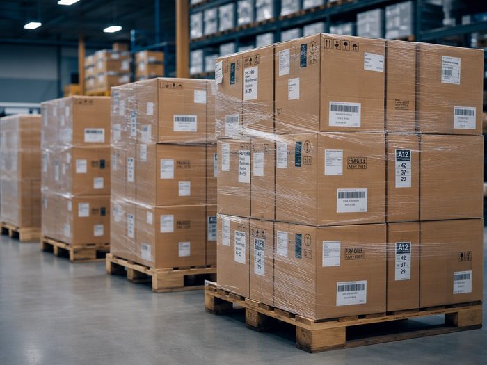 Labeled goods stacked on pallets, verified and ready for dispatch
